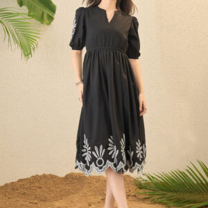OCTICS Black Embroidery Puff Slevee Midi Dress - Image 5