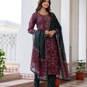 Floral Printed Notch Neck Straight Kurta With Trousers & Dupatta - Image 3