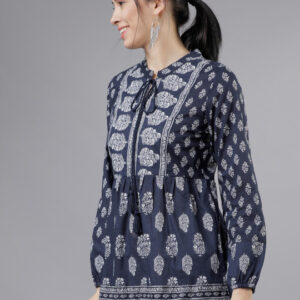 Vishudh Women Navy Blue & White Printed Tunic - Image 5