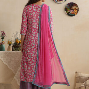 Women Floral Printed Regular Pure Cotton Kurta with Palazzos & With Dupatta - Image 3