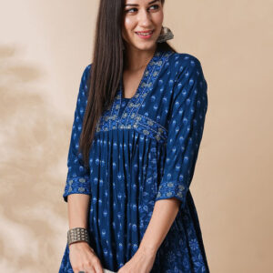 Allover Printed Pleated & Panelled A-Line Kurta With Narrow Pants Workwear Set - Image 6