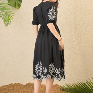 OCTICS Black Embroidery Puff Slevee Midi Dress - Image 4