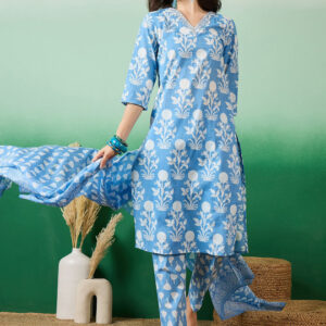 Printed & Embroidered Pure Cotton Straight Kurta With Trouser & Dupatta Set - Image 5