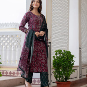 Floral Printed Notch Neck Straight Kurta With Trousers & Dupatta - Image 5