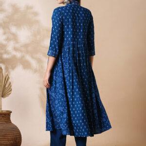 Allover Printed Pleated & Panelled A-Line Kurta With Narrow Pants Workwear Set - Image 3