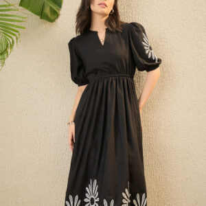 OCTICS Black Embroidery Puff Slevee Midi Dress - Image 3