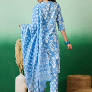 Printed & Embroidered Pure Cotton Straight Kurta With Trouser & Dupatta Set - Image 3