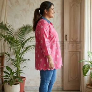 Pure Cotton Pink top Tuning with Denim Collar - Image 3