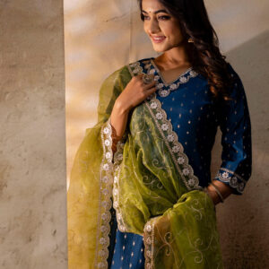 Ethnic Motifs Embroidered V-Neck Straight Kurta With Trousers And Dupatta - Image 8