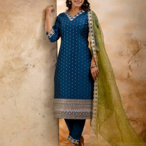 Ethnic Motifs Embroidered V-Neck Straight Kurta With Trousers And Dupatta - Image 5