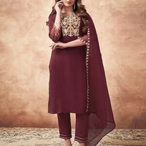 Embroidery Chinnon Silk Straight Kurta Set with Dupatta - Image 6