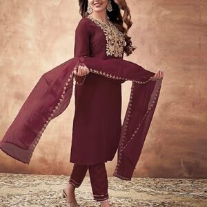 Embroidery Chinnon Silk Straight Kurta Set with Dupatta - Image 8