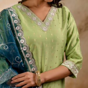 Ethnic Motifs Embroidered V-Neck Straight Kurta With Trousers And Dupatta - Image 3